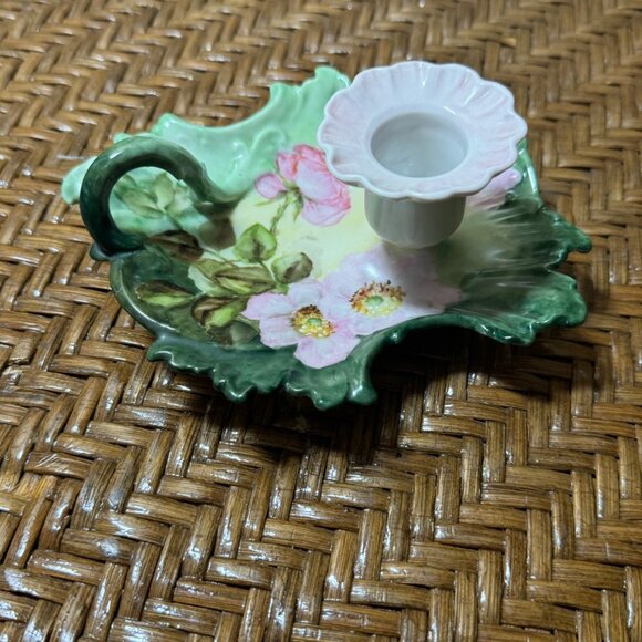 Vintage Hand Painted Porcelain Floral Leaf-Shaped Chamberstick Candle Holder - Picture 3 of 7